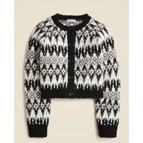 J. Crew Cardigan Sz Small Cropped Fair Isle Chunky Black Gray Wool Angora Blend - Picture 2 of 8
